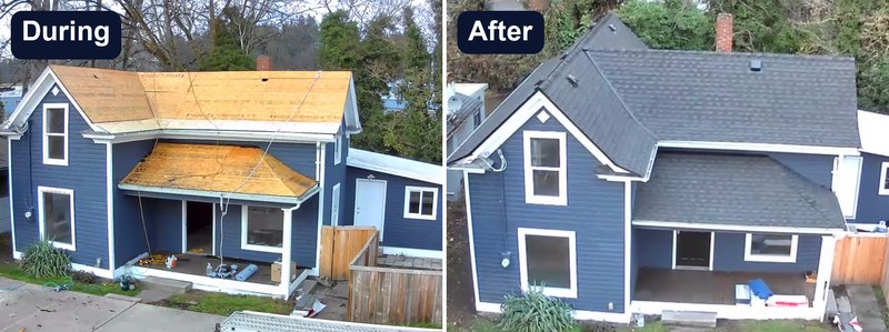 Blue house during a reroof and the same house finished