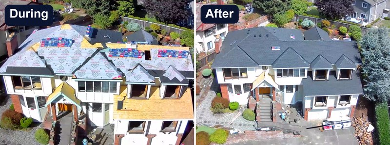 Large white house during a reroof and the same house finished